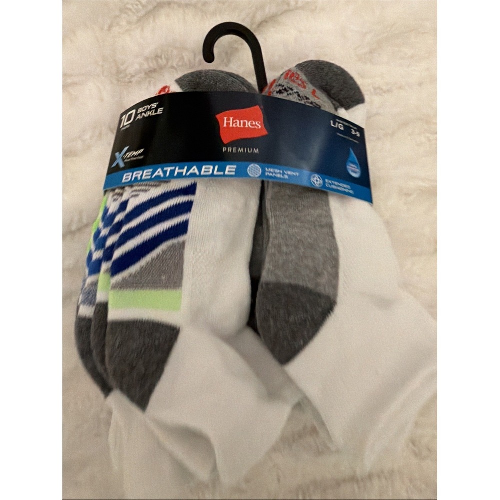 Hanes Boys Ankle Socks 10pk Premium Breathable X-Temp White Grey Size L 3-9